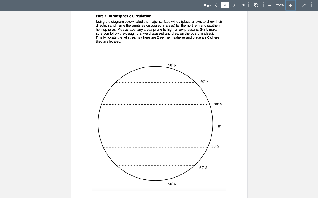 Page Of 8 Zoom Part 2 Atmospheric Circulation Using The Diagram Below Label The Major Surface Winds Place Arrows 1