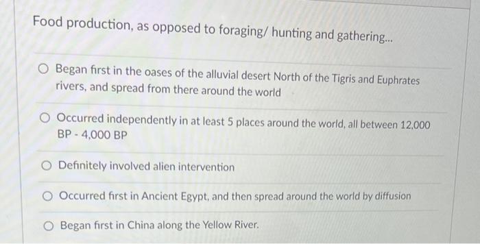 Food Production As Opposed To Foraging Hunting And Gathering Began First In The Oases Of The Alluvial Desert North 1