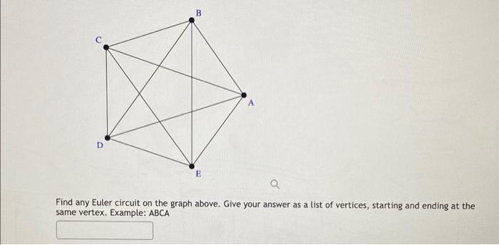 B B D E A Find Any Euler Circuit On The Graph Above Give Your Answer As A List Of Vertices Starting And Ending At The 1