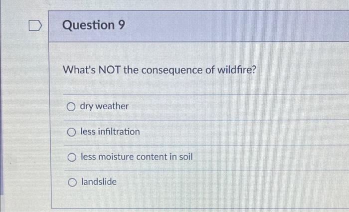 Question 9 What S Not The Consequence Of Wildfire Odry Weather O Less Infiltration O Less Moisture Content In Soil Land 1