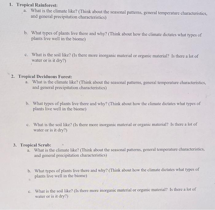 1 Tropical Rainforest A What Is The Climate Like Think About The Seasonal Patterns General Temperature Characteris 1