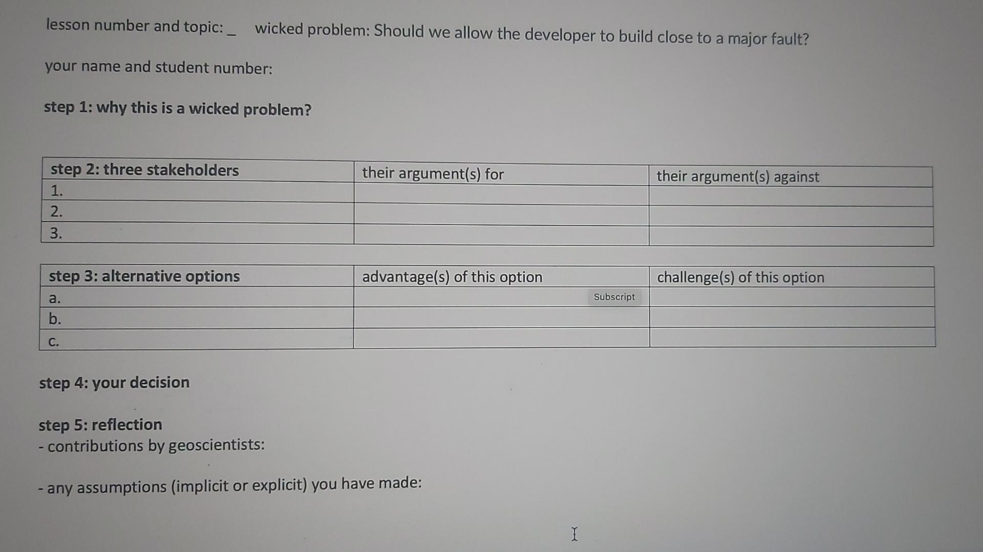 Lesson Number And Topic Wicked Problem Should We Allow The Developer To Build Close To A Major Fault Your Name And 1