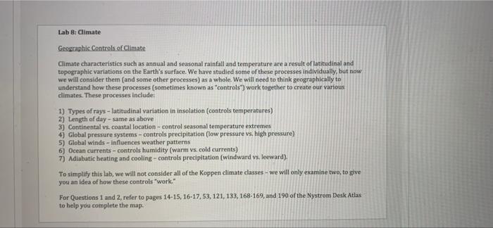 Lab 8 Climate Geographic Controls Of Climate Climate Characteristics Such As Annual And Seasonal Rainfall And Temperatu 1