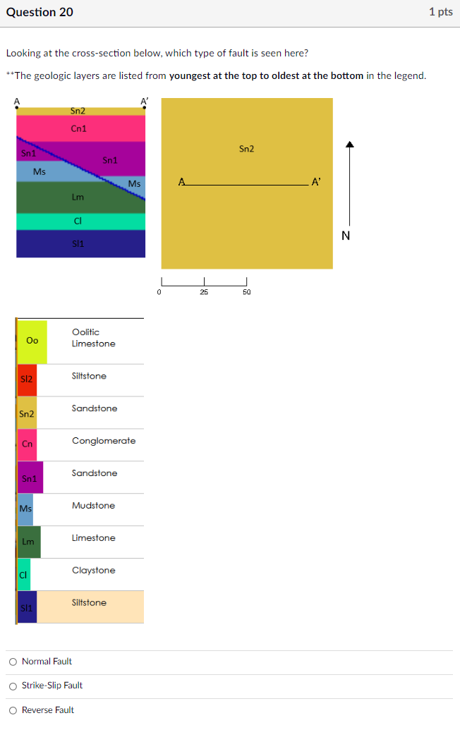 Question 20 1 Pts Looking At The Cross Section Below Which Type Of Fault Is Seen Here The Geologic Layers Are Listed 1