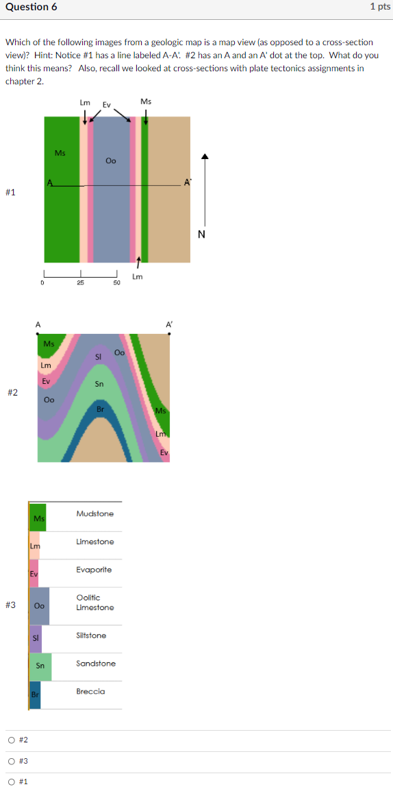 Question 6 1 Pts Which Of The Following Images From A Geologic Map Is A Map View As Opposed To A Cross Section View H 1