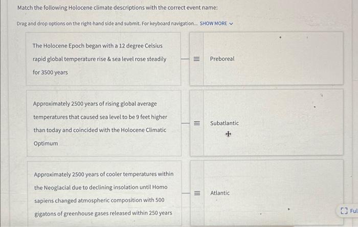 Match The Following Holocene Climate Descriptions With The Correct Event Name Drag And Drop Options On The Right Hand S 1