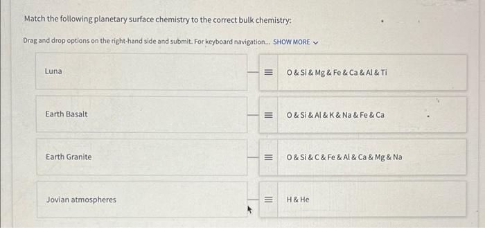 Match The Following Planetary Surface Chemistry To The Correct Bulk Chemistry Drag And Drop Options On The Right Hand S 1
