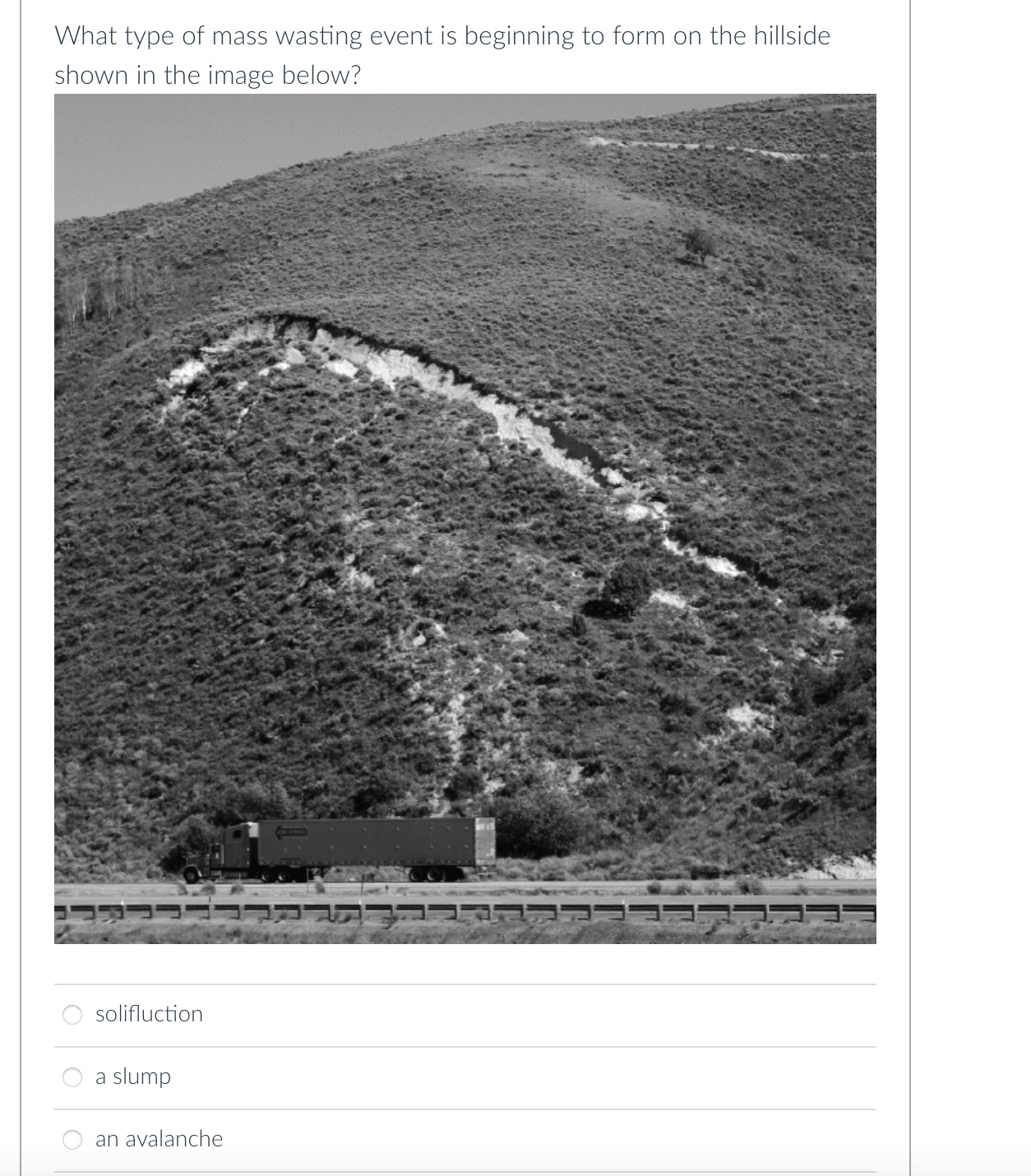 What Type Of Mass Wasting Event Is Beginning To Form On The Hillside Shown In The Image Below Solifluction A Slump An A 1