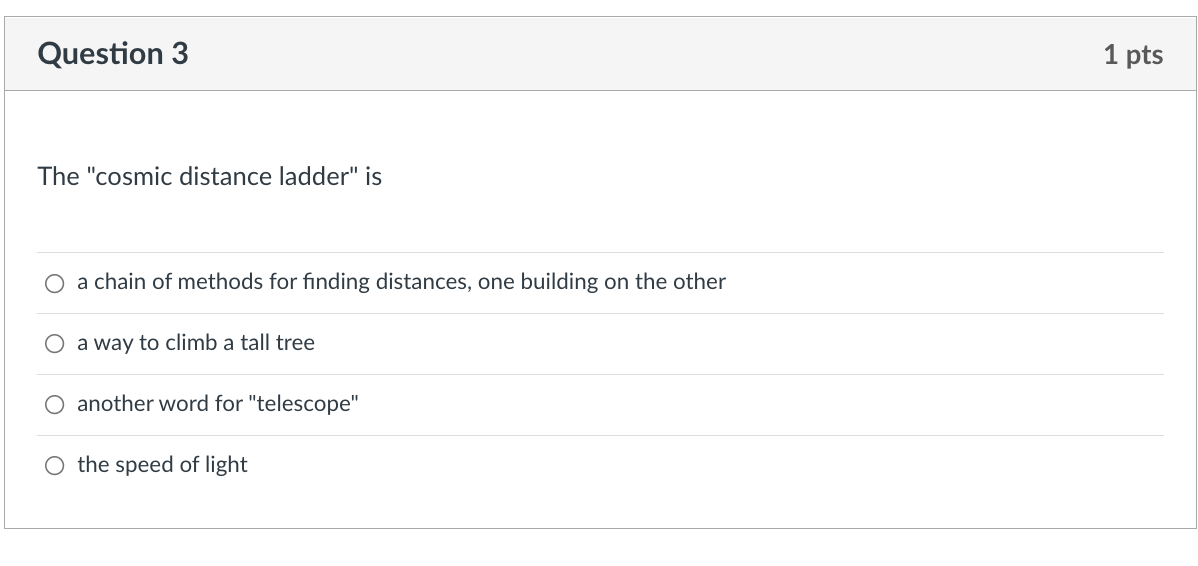 Question 3 1 Pts The Cosmic Distance Ladder Is O A Chain Of Methods For Finding Distances One Building On The Other O 1