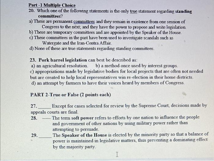 Part 1 Multiple Choice 20 Which One Of The Following Statements Is The Only True Statement Regarding Standing Committe 1