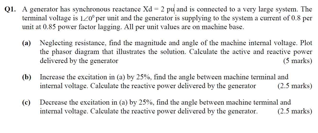 Q1 A Generator Has Synchronous Reactance Xd 2 Pu And Is Connected To A Very Large System The Terminal Voltage Is 1 1