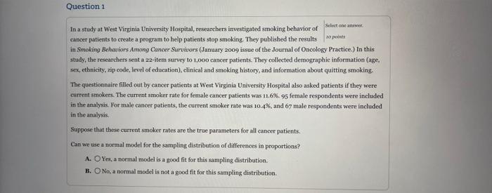 Question 1 In A Study At West Virginia University Hospital Researchers Investigated Smoking Behavior Of Select One Anne 1