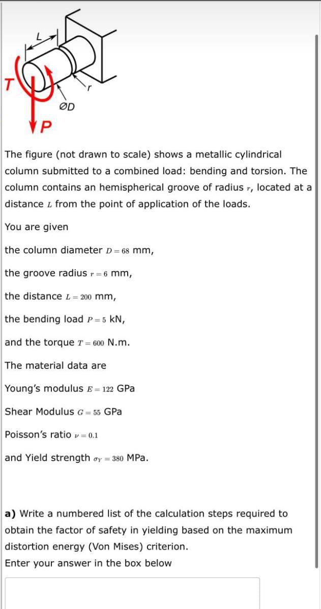 It Od Vp The Figure Not Drawn To Scale Shows A Metallic Cylindrical Column Submitted To A Combined Load Bending And T 1