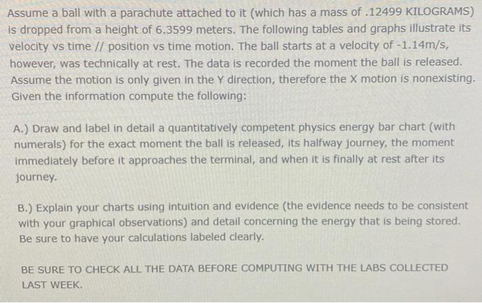 Assume A Ball With A Parachute Attached To It Which Has A Mass Of 12499 Kilograms Is Dropped From A Height Of 6 3599 1