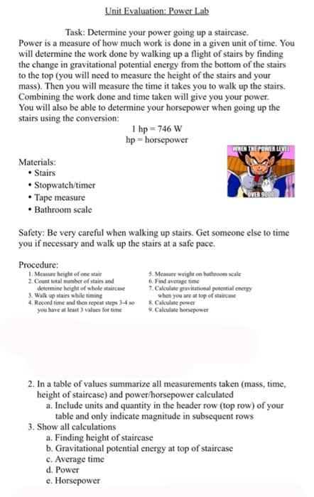 Unit Evaluation Power Lab Task Determine Your Power Going Up A Staircase Power Is A Measure Of How Much Work Is Done 1