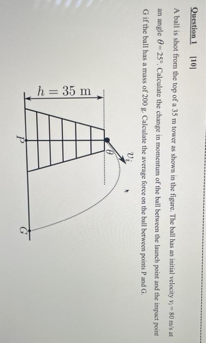 Question 1 10 A Ball Is Shot From The Top Of A 35 M Tower As Shown In The Figure The Ball Has An Initial Velocity V 1