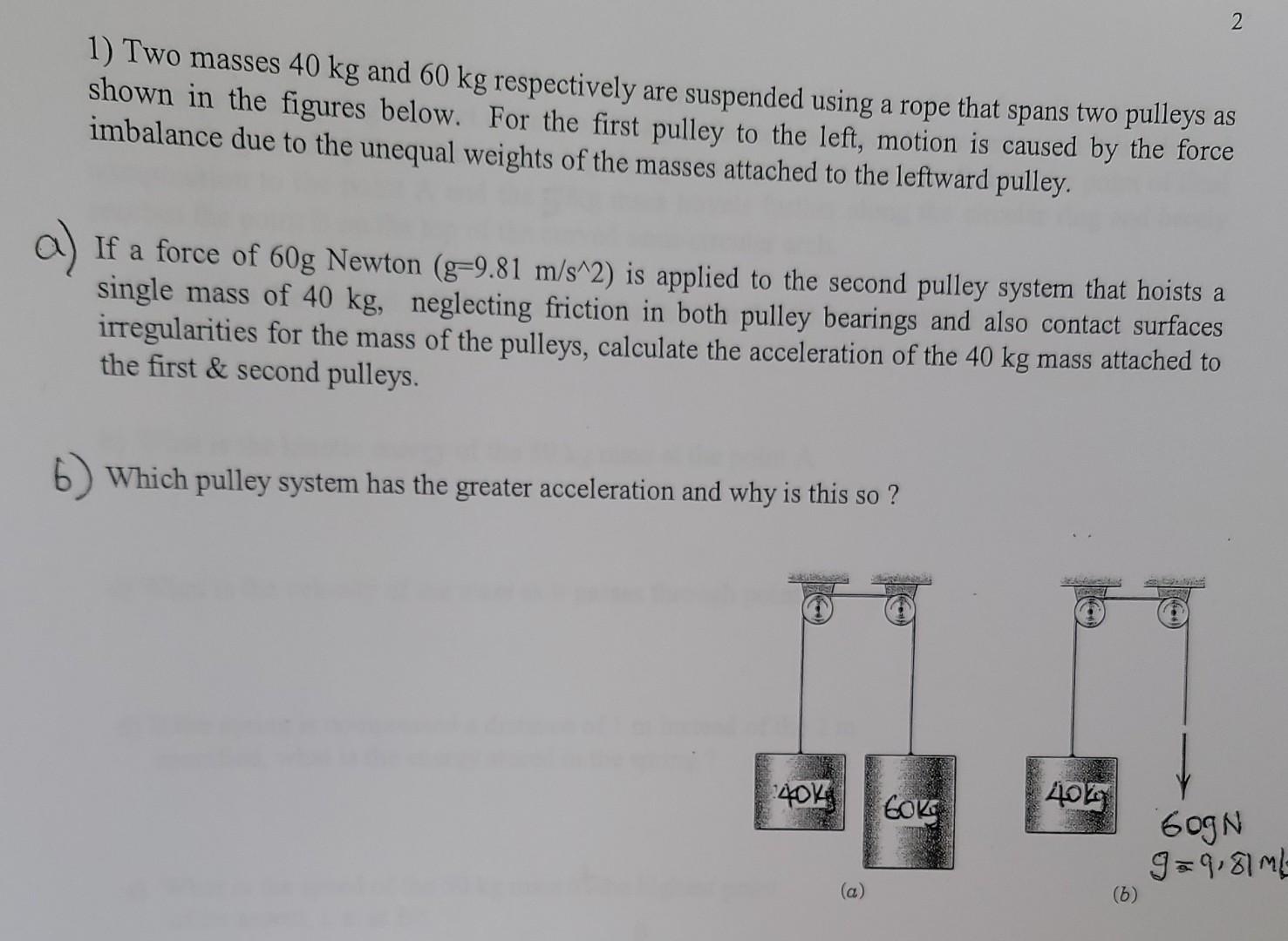 2 1 Two Masses 40 Kg And 60 Kg Respectively Are Suspended Using A Rope That Spans Two Pulleys As Shown In The Figures B 1