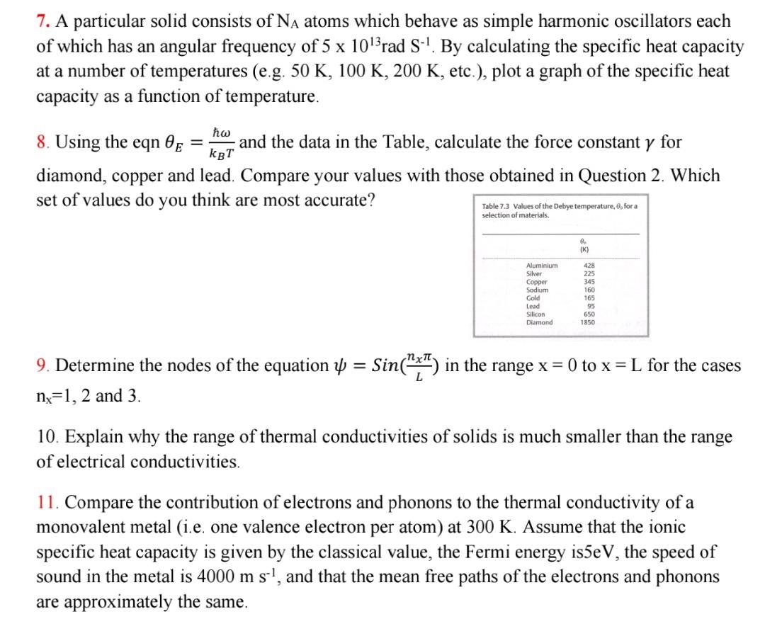 7 A Particular Solid Consists Of Na Atoms Which Behave As Simple Harmonic Oscillators Each Of Which Has An Angular Freq 1