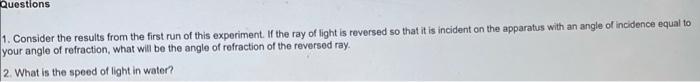 Questions 1 Consider The Results From The First Run Of This Experiment If The Ray Of Light Is Reversed So That It Is I 1