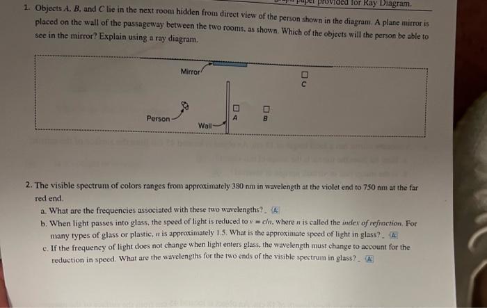 For Ray Diagram 1 Objects A B And C Lie In The Next Room Hidden From Direct View Of The Person Shown In The Diagram 1