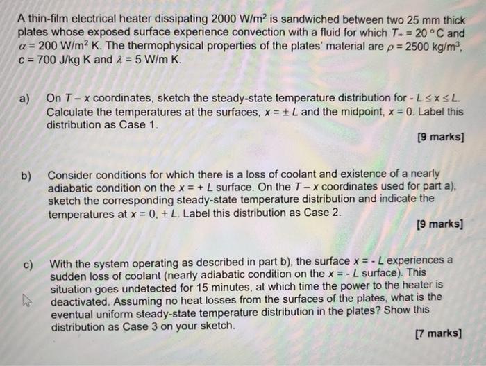 A Thin Film Electrical Heater Dissipating 2000 W M2 Is Sandwiched Between Two 25 Mm Thick Plates Whose Exposed Surface E 1