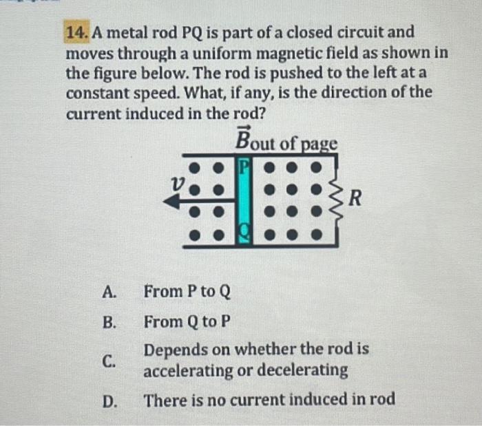 14 A Metal Rod Pq Is Part Of A Closed Circuit And Moves Through A Uniform Magnetic Field As Shown In The Figure Below 1