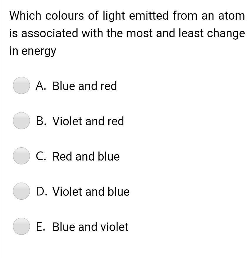 Which Colours Of Light Emitted From An Atom Is Associated With The Most And Least Change In Energy A Blue And Red B Vi 1