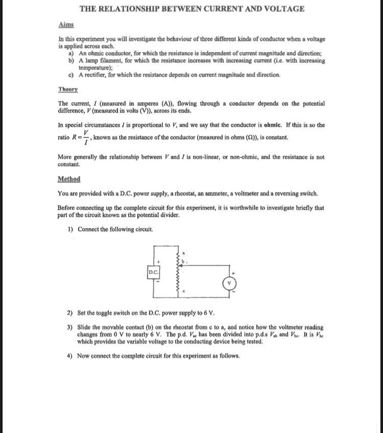 The Relationship Between Current And Voltage Aims In This Experiment You Will Investigate The Behaviour Of Three Differe 1