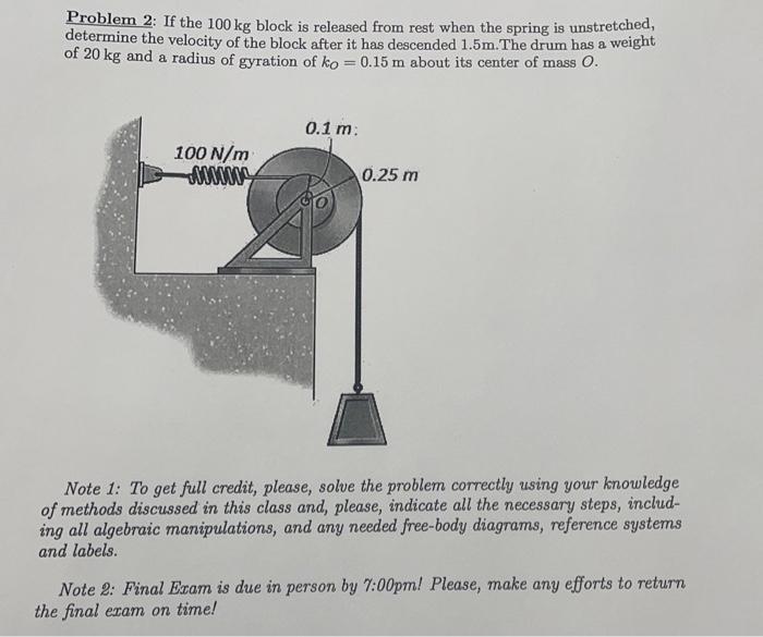Problem 2 If The 100 Kg Block Is Released From Rest When The Spring Is Unstretched Determine The Velocity Of The Block 1