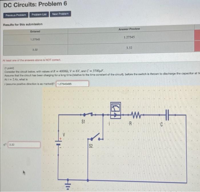 Dc Circuits Problem 6 Previous Problem Problem List Next Problem Results For This Submission Answer Preview Entered 1 2 1