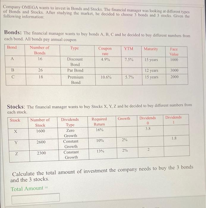 Company Omega Wants To Invest In Bonds And Stocks The Financial Manager Was Looking At Different Types Of Bonds And Sto 1