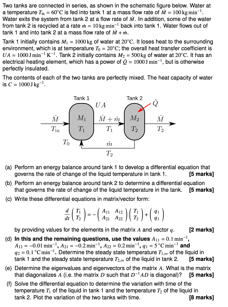 Two Tanks Are Connected In Series As Shown In The Schematic Figure Below Water At A Temperature Tin 60 C Is Fed In 1
