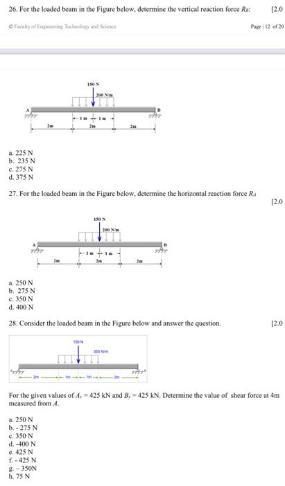 26 For The Loaded Beam In The Figure Below Determine The Vertical Reaction Force Ra 2 0 Faculty Of Engineering Techn 1