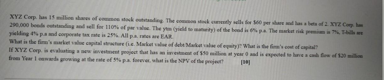 Xyz Corp Has 15 Million Shares Of Common Stock Outstanding The Common Stock Currently Sells For 60 Per Share And Has 1