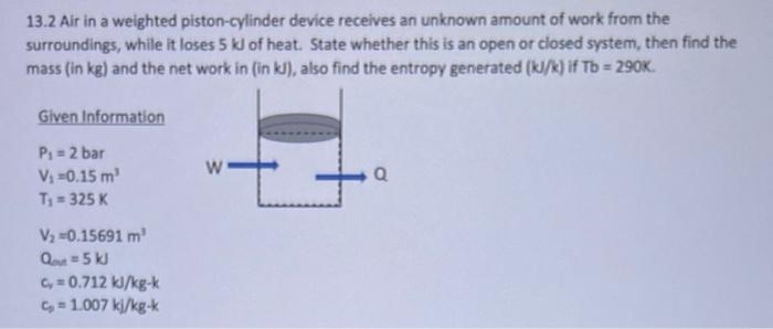 13 2 Air In A Weighted Piston Cylinder Device Receives An Unknown Amount Of Work From The Surroundings While It Loses 5 1