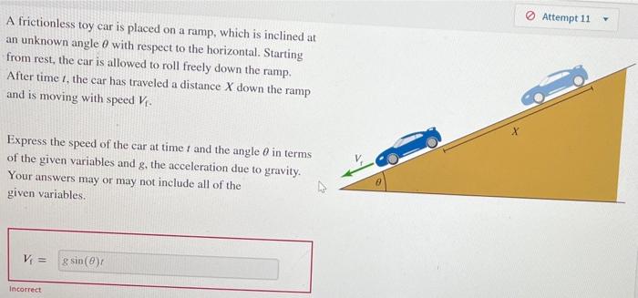 Attempt 11 Y A Frictionless Toy Car Is Placed On A Ramp Which Is Inclined At An Unknown Angle With Respect To The Horiz 1