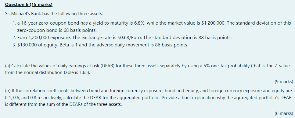 Question 6 15 Marks St Michael S Bank Has The Following Three Assets 1 A 16 Year Zero Coupon Bond Has A Yield To Ma 1