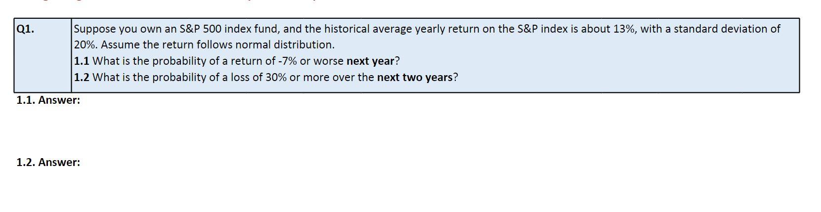 Q1 Suppose You Own An S P 500 Index Fund And The Historical Average Yearly Return On The S P Index Is About 13 With 1