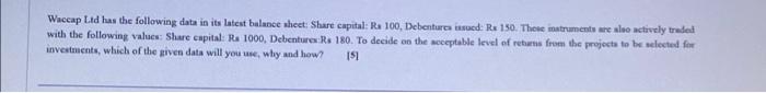 Waccap Ltd Has The Following Data In Its Latest Balance Sheet Share Capital Re 100 Debentures Issued R 150 These I 1