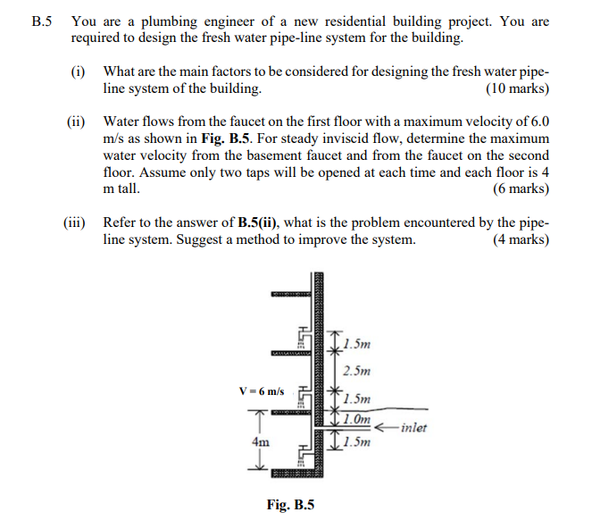B 5 You Are A Plumbing Engineer Of A New Residential Building Project You Are Required To Design The Fresh Water Pipe L 1