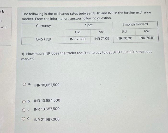 8 00 The Following Is The Exchange Rates Between Bhd And Inr In The Foreign Exchange Market From The Information Answe 1