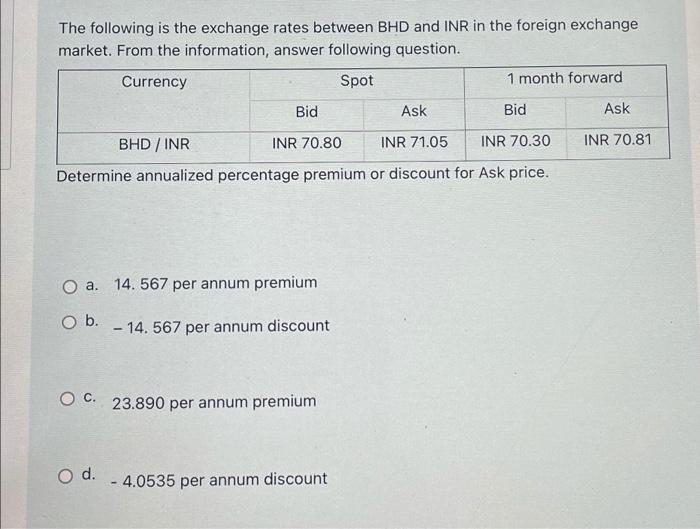 The Following Is The Exchange Rates Between Bhd And Inr In The Foreign Exchange Market From The Information Answer Fol 1