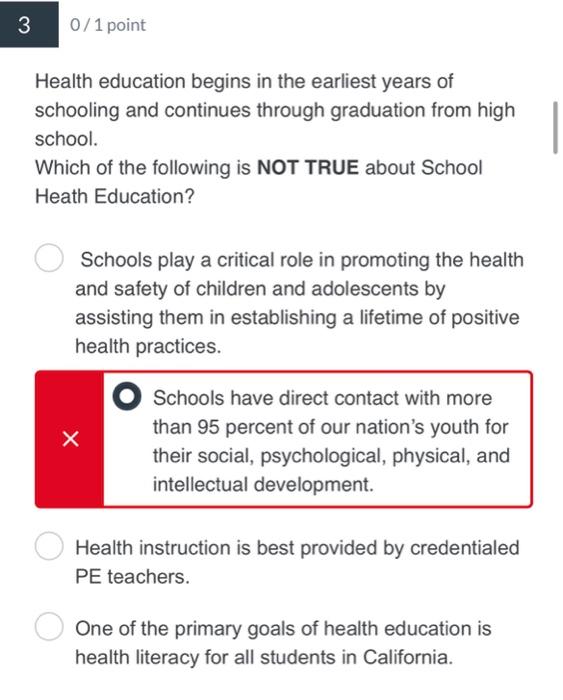 1 0 1 Point What Is The Main Role Of The Health Education Framework For California Public Schools K 12 Assisting Teach 2