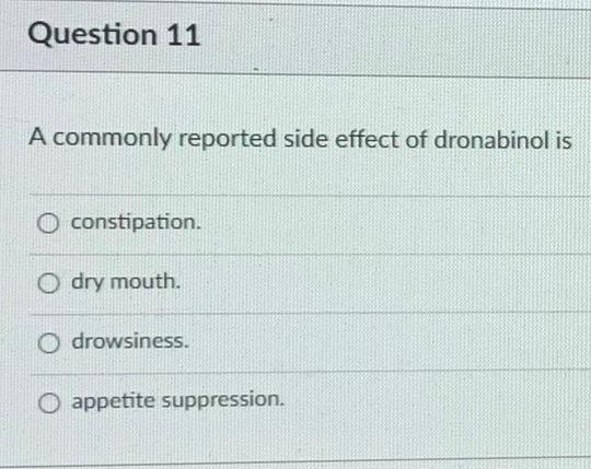 Question 11 A Commonly Reported Side Effect Of Dronabinol Is O Constipation O Dry Mouth O Drowsiness O Appetite Suppr 1