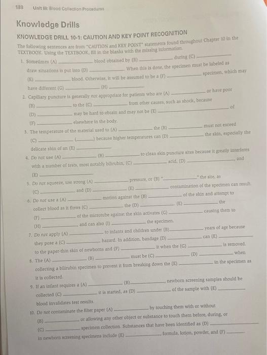 189 Unit Til Blood Collection Procedure Knowledge Drills Knowledge Drill 10 1 Caution And Key Point Recognition The Fo 1