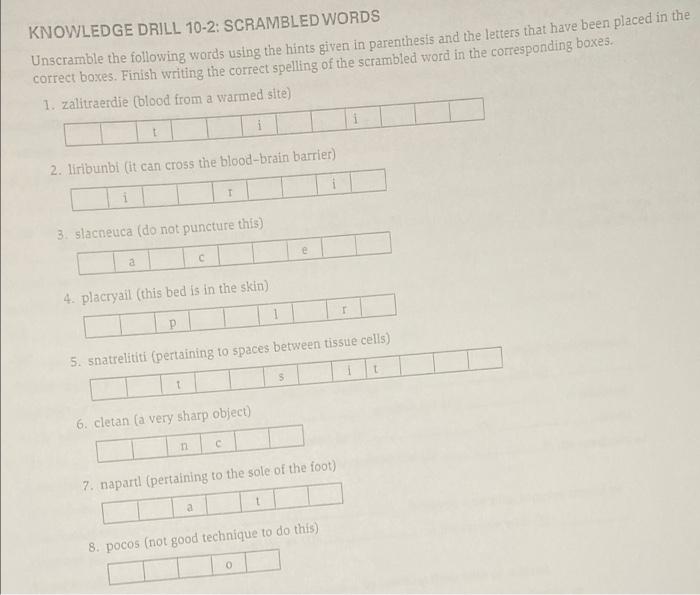 Knowledge Drill 10 2 Scrambled Words Unscramble The Following Words Using The Hints Given In Parenthesis And The Letter 1