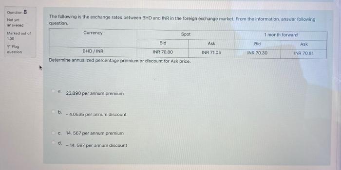 Question 8 Not Yet Answered Maried Out Of 100 Flag Question The Following Is The Exchange Rates Between Bhd And Inr In T 1