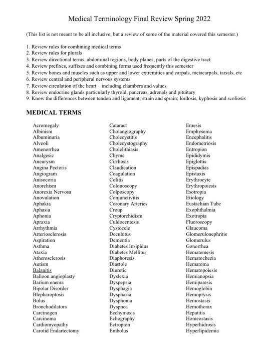 Medical Terminology Final Review Spring 2022 This List Is Not Meant To Be All Inclusive But A Review Of Some Of The Ma 2