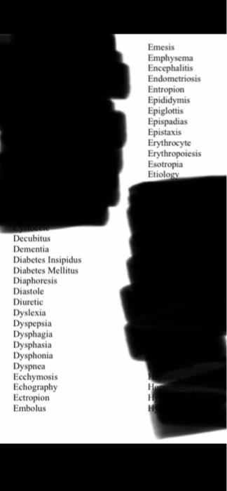 Emesis Emphysema Encephalitis Endometriosis Entropion Epididymis Epiglottis Epispadias Epistaxis Erythrocyte Erythropoie 1