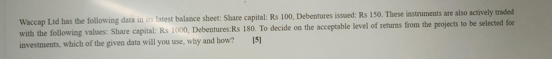Waccap Ltd Has The Following Data In Its Latest Balance Sheet Share Capital Rs 100 Debentures Issued Rs 150 These I 1